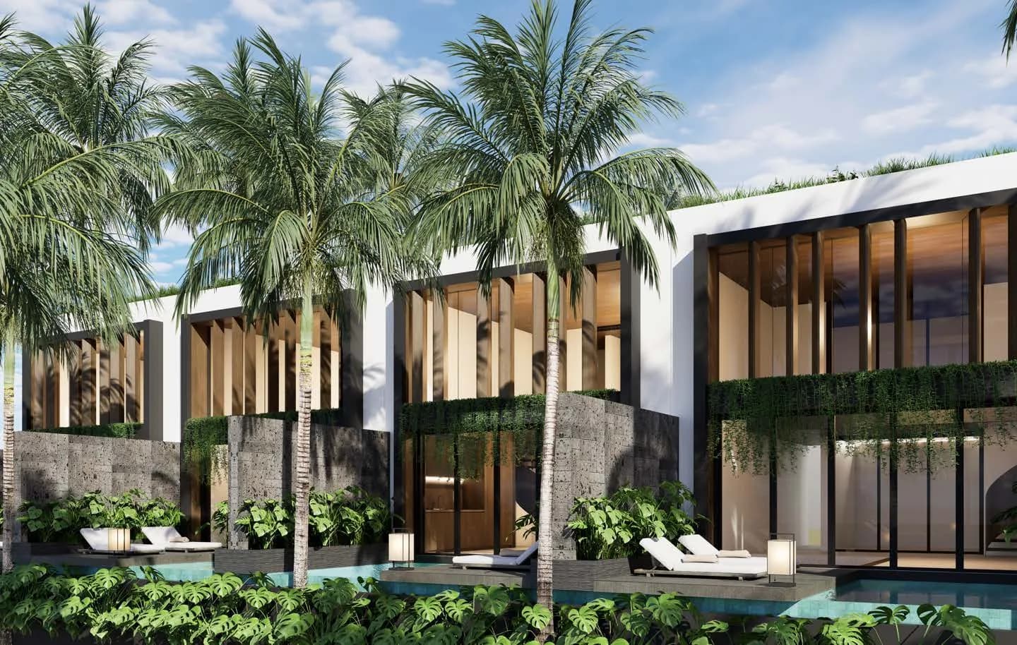 Rendu illustratif de villas contemporaines, piscines et jardin tropical. Image d’ambiance, sans correspondance avec une villa en exploitation.