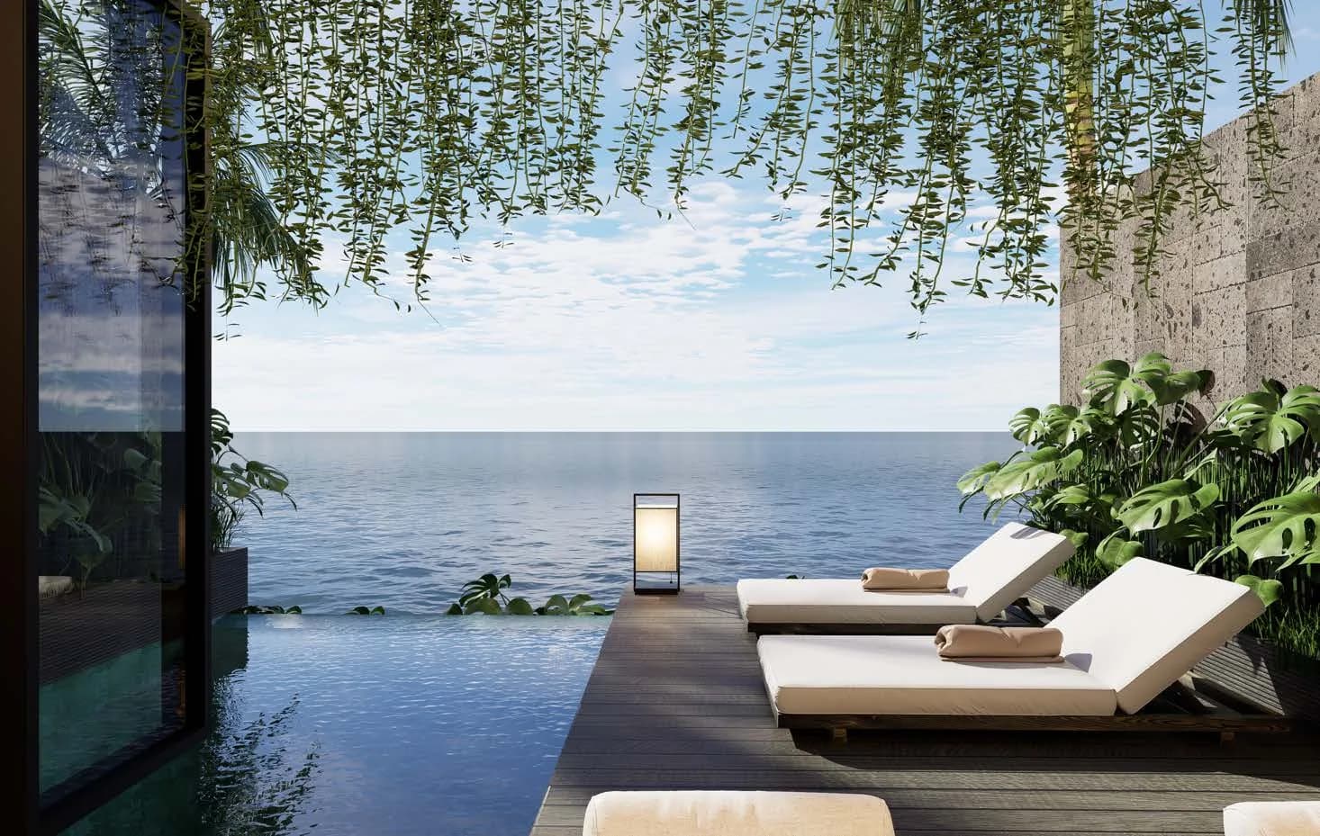 Rendu d’une terrasse et d’une piscine privée ouvrant sur l’océan, villa à Amed, Bali