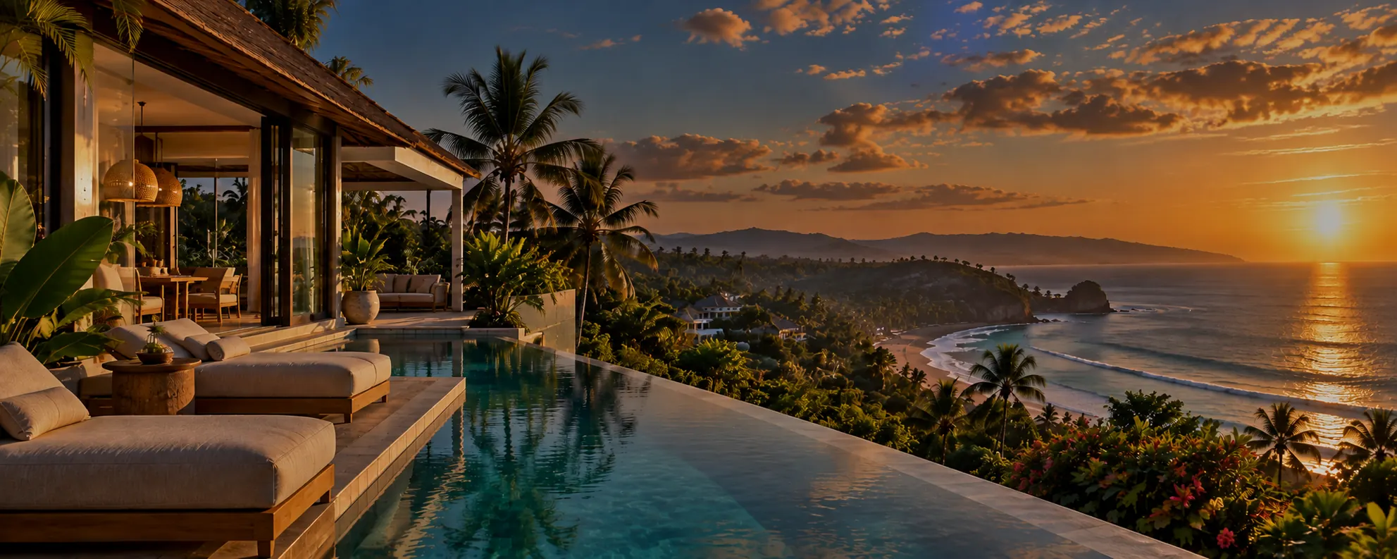 Villa avec piscine à débordement et paysage côtier au coucher du soleil