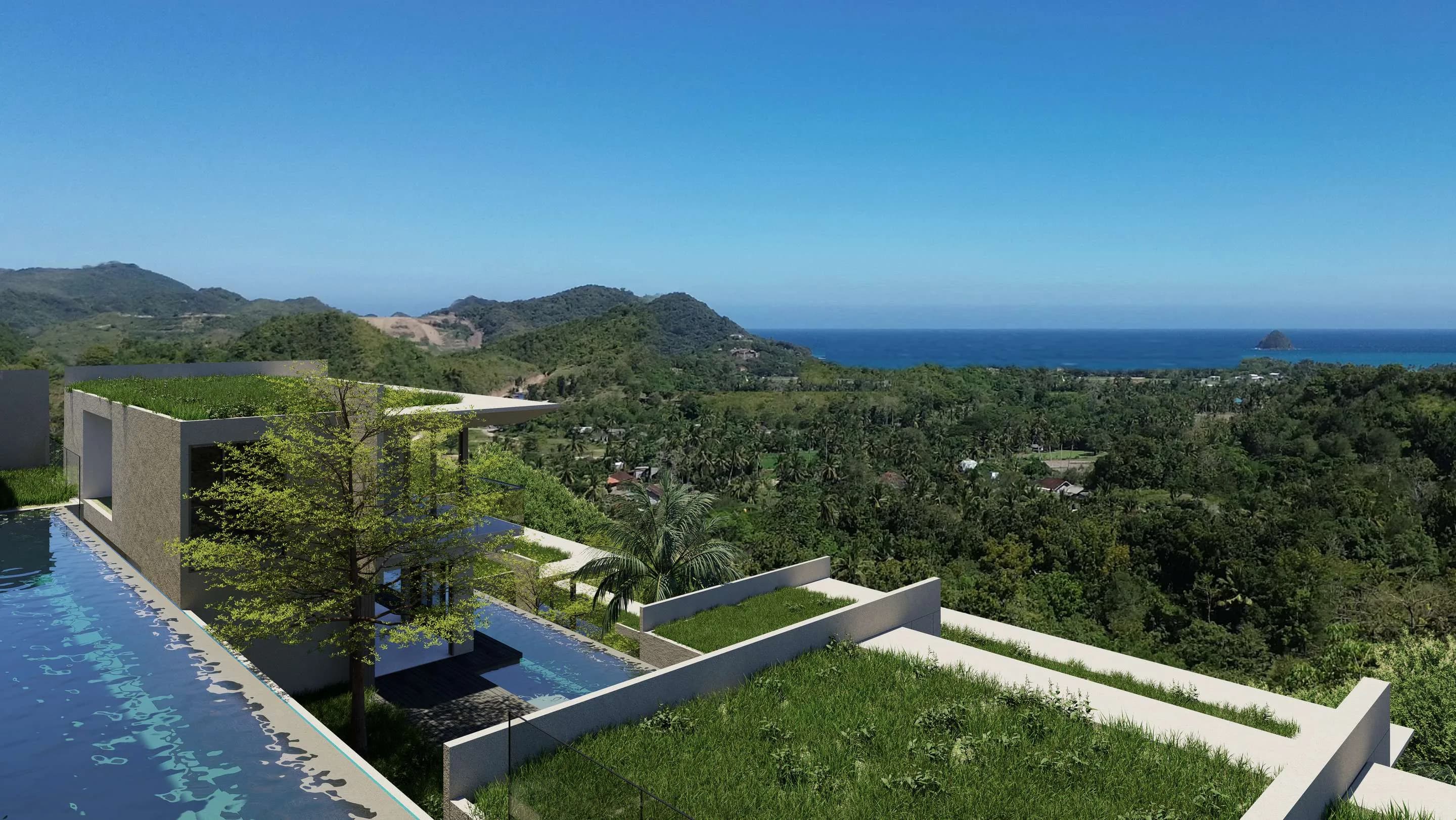 Rendu de villas contemporaines dans les collines, avec piscine et panorama côtier, à Selong Belanak, Lombok