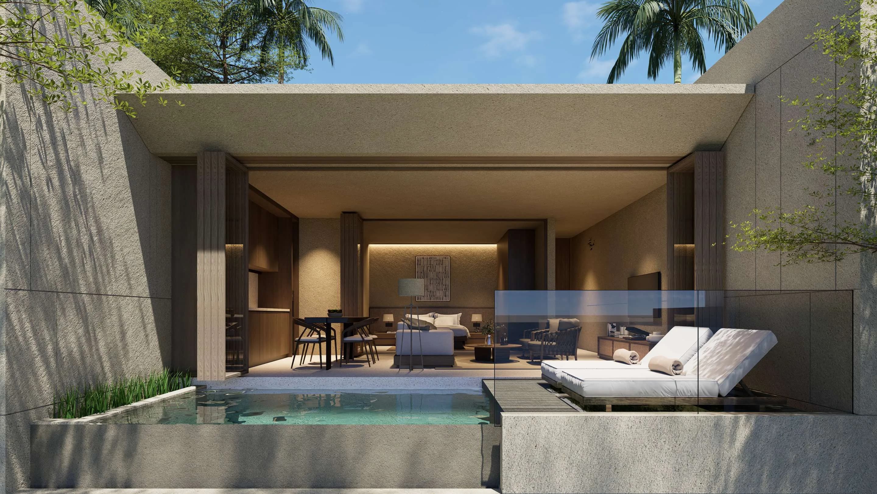 Rendu d’une villa une chambre de plain-pied, terrasse et piscine privée, à Selong Belanak, Lombok