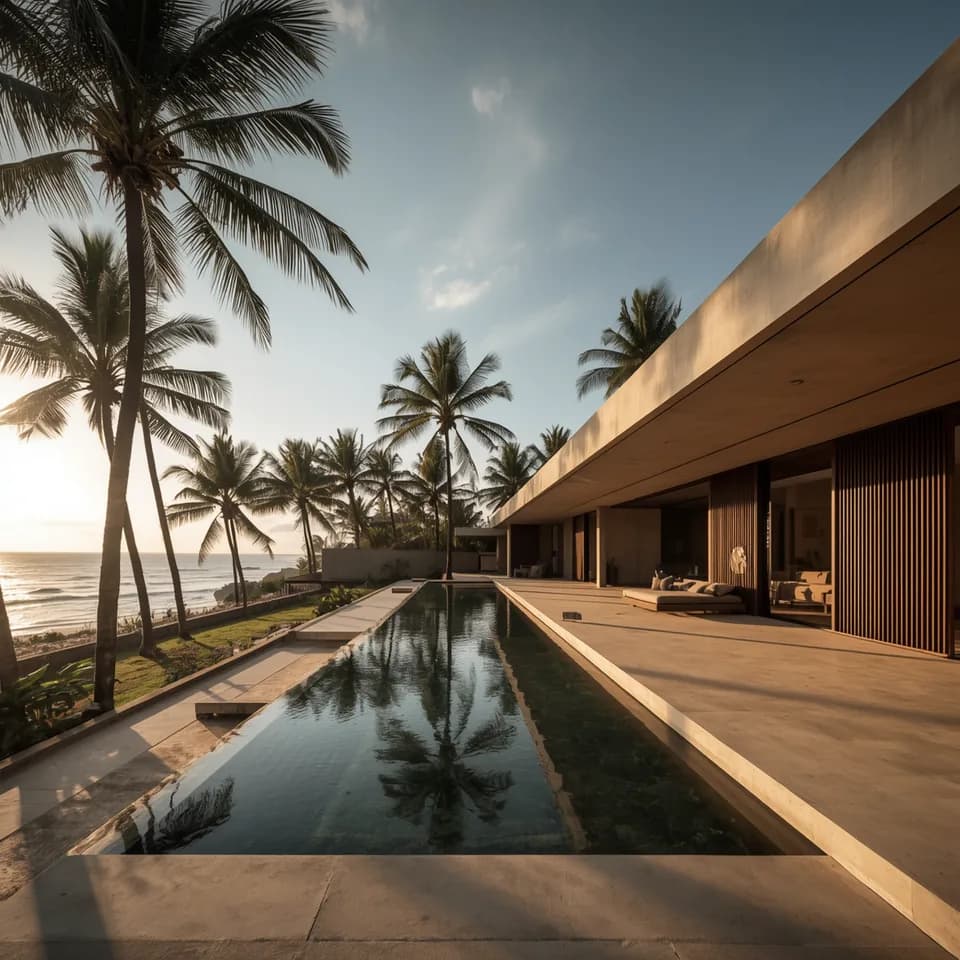 Rendu architectural illustratif d’une villa avec piscine et palmiers, Serangan Palm Villas, à Serangan, Lombok