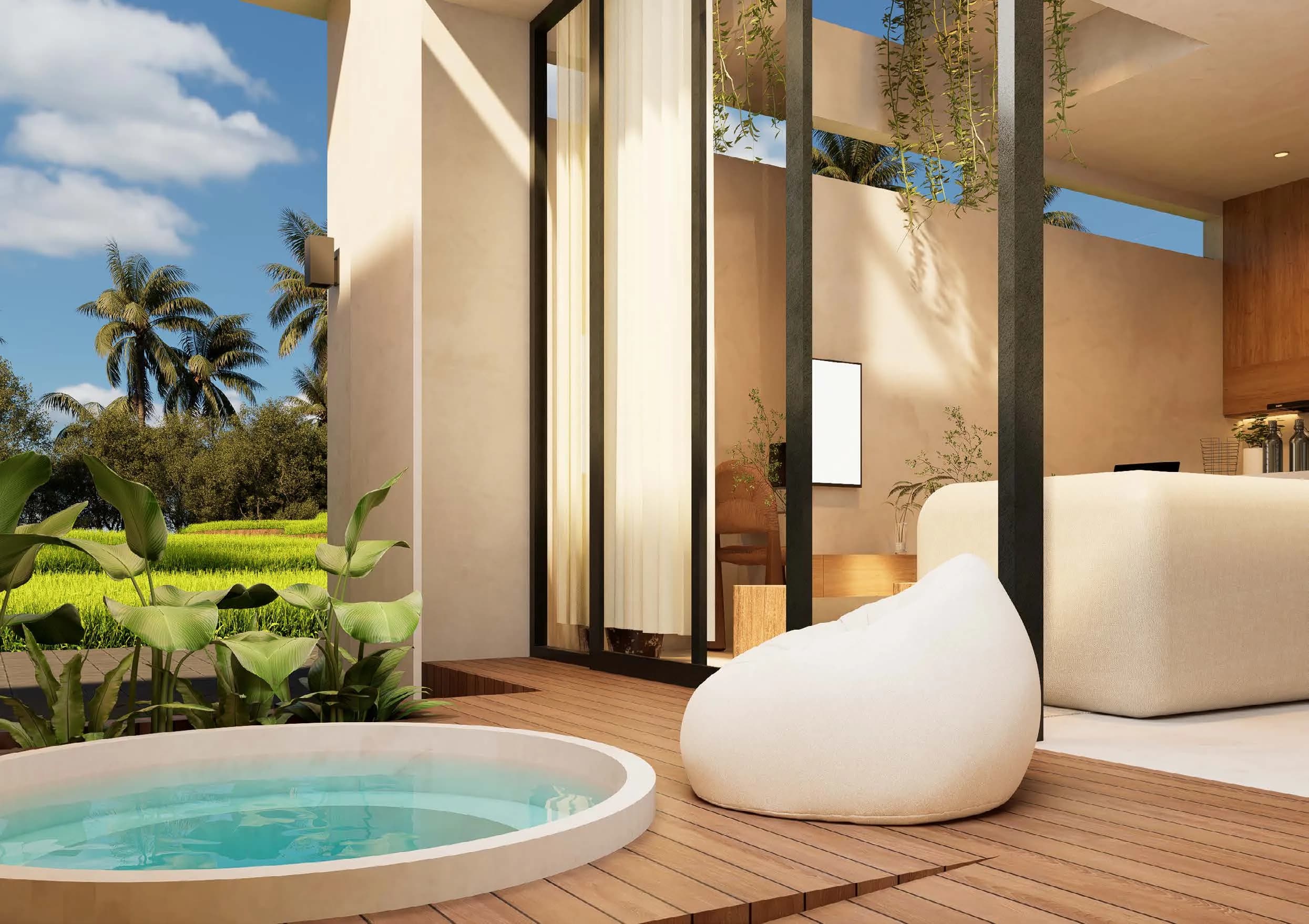 Terrasse en bois et jacuzzi d’une villa une chambre du programme