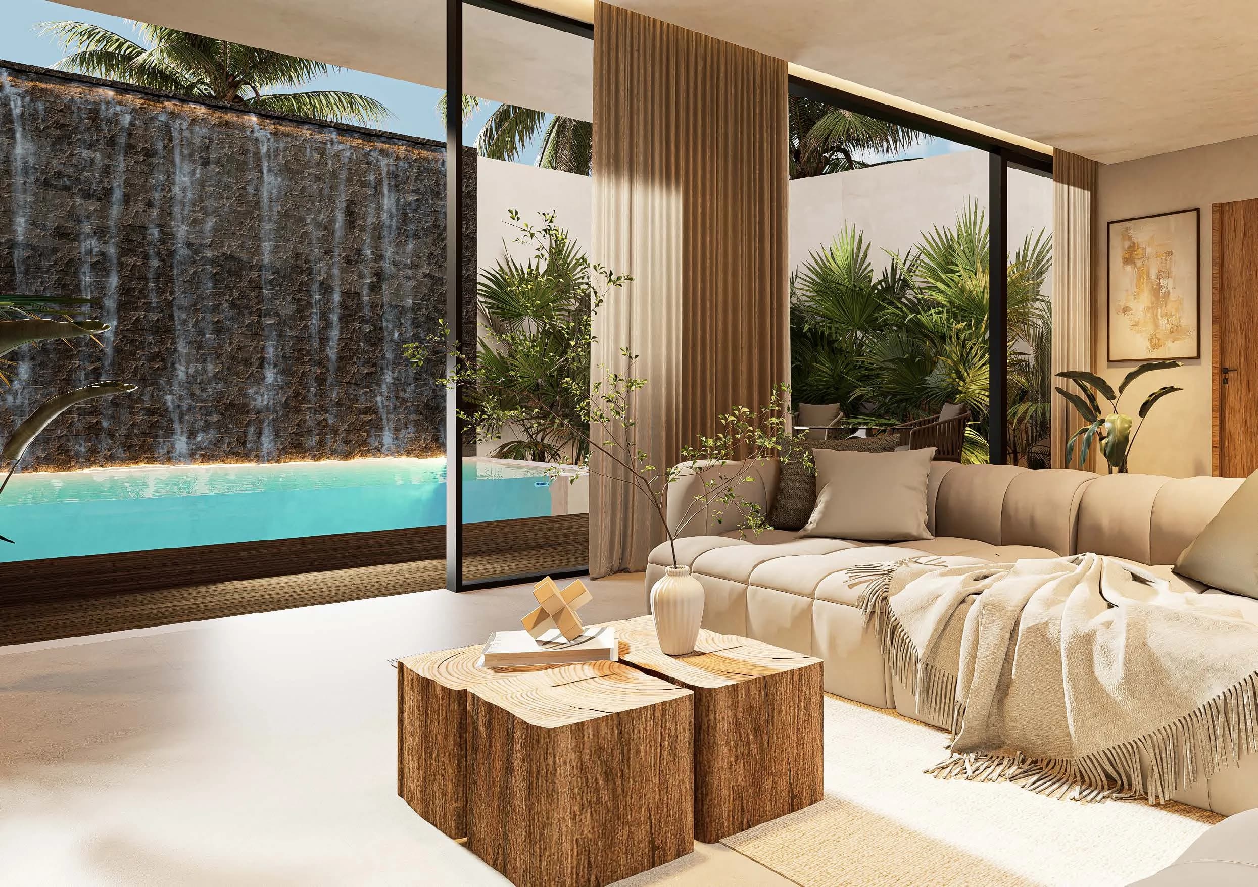 Salon ouvert sur une piscine privée, villa trois chambres du programme
