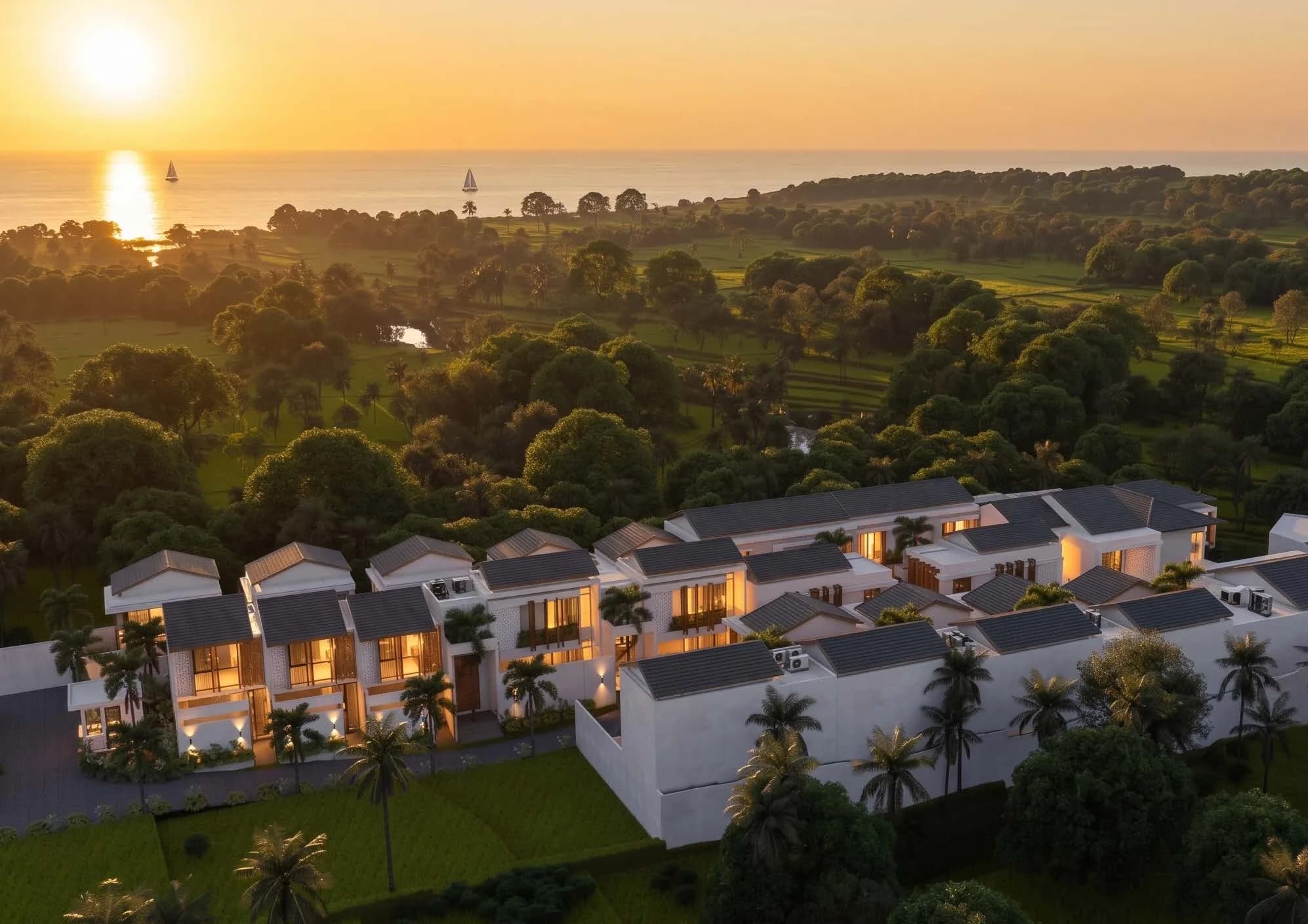 Rendu d’ensemble de villas contemporaines face au littoral, à Seseh, Bali